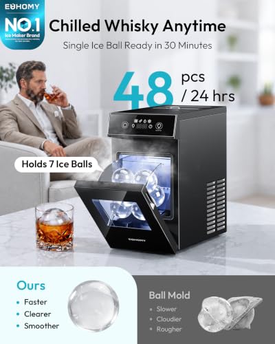 Image of EUHOMY 2.4 inch Clear Ice Ball Maker Countertop, 2Pcs in 60Mins, 48Pcs /Day, Timer, Self-Cleaning Round Ice Cube Maker with Crystal Clear Ice, Sphere Ice Maker Machine for Whiskey & Bourbon
