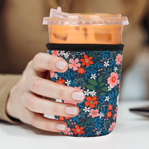 Image of Reusable 3-Pack Iced Coffee Cup Sleeve, Insulated Neoprene, Beverage Holder for Iced Coffee, Durable Drink Sleeve for Cold Beverages, Bloom Garden