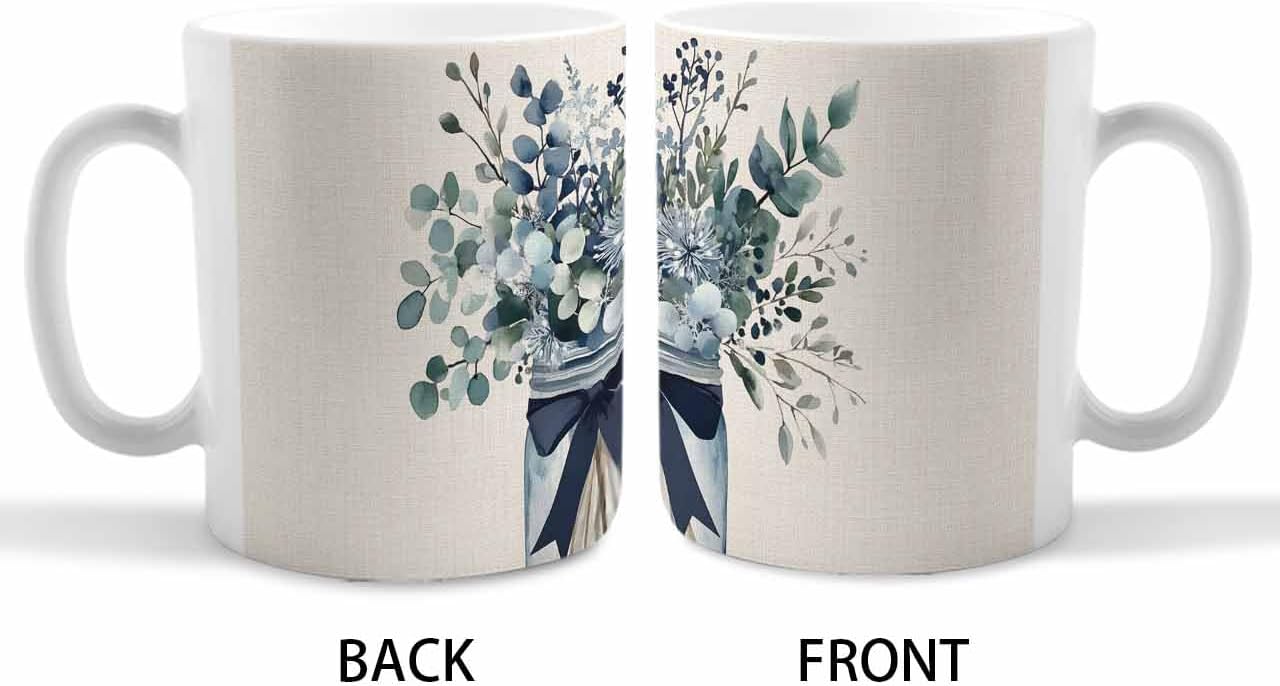 BEMIGO Ceramic Coffee Mug Eucalyptus Leaves Vase Ceramic Mug White Cup, Pastoral Blue Leaves Insulated Coffee Cup with Handle with Pattern Perfect for Tea and Hot Beverages, 12oz