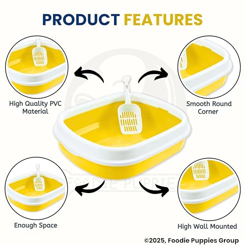 Image of Foodie Puppies Cat Litter Box Tray with Rim and Scooper - (Yellow) (Large, 46 x 38 x 13 cm) | Semi-Closed Design and Durable Quality | Pet Litter Sand Tray Suitable for All Adult Cats & Kittens