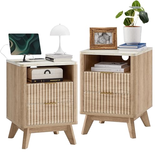 T4TREAM Fluted Nightstand Set of 2 with Charging Station, 18' Modern Side Table with Faux Marble...