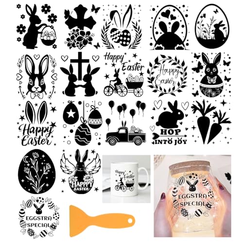 GLOBLELAND 18 Sheets Easter Bunny Eggs Rub on Transfer 3.9x3.6inch Rabbit Garland Carrot Home Decals Flower Leaves Cup Transfer Decals for Furniture Vase Glass Art Crafts Decorations