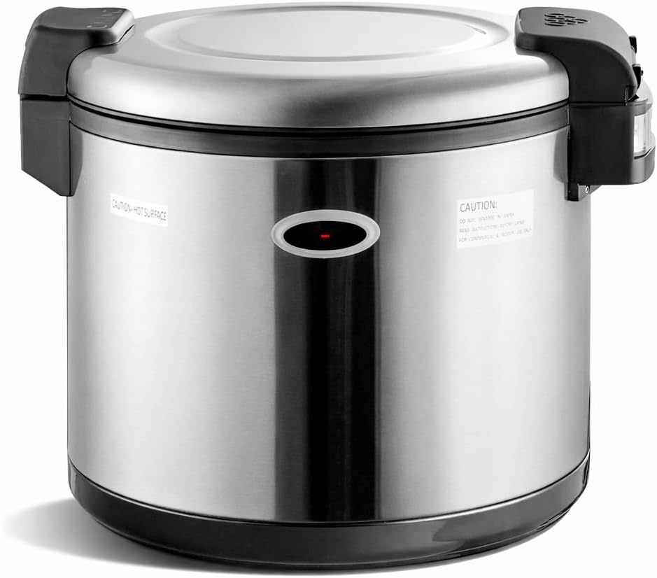 90 Cup Electric Rice Warmer, 120V 105W, Stainless Steel, Hinged Lid, 18.75 Inch Diameter, Silver