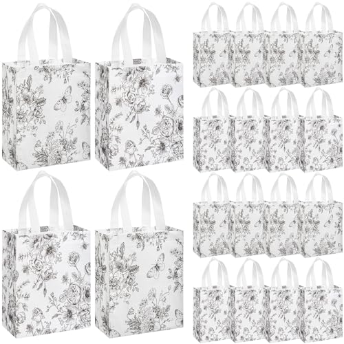Wovnet 30 Pcs Black Floral Gift Bags Bulk with Handles, Reusable Non Woven Vintage Party Favor Bags Black Flower for Tea Party, Wedding, Bridal Shower, Summer Treat Goodie Tote