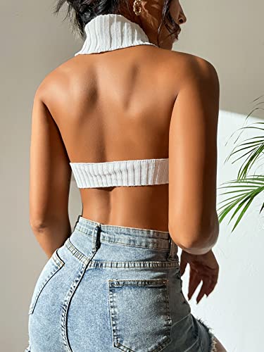 Verdusa Women's Backless Hanky Hem Turtleneck Sleeveless Knit Crop Halter Top White M - Image 3