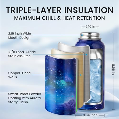 Image of RAYMYLO Insulated Water Bottle 32 oz, Triple Wall Vacuum Stainless Steel (Cold for 24Hrs, Hot for 12Hrs), Leak Proof & Non-BPA, Modern Water Flask Jug with Paracord Handle & Straw Spout Lids