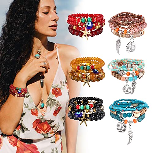 Ubjuliwa 6 Sets Bohemian Stackable Bead Bracelets for Women Men Stretch Multi Layered Bracelet Set Multicolor Jewelry(C)