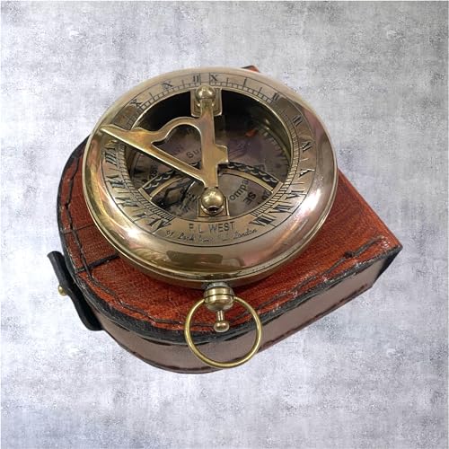Brújula vintage de latón con caja de cuero – Brújula náutica con relojería solar para navegación, decoración marítima, regalo para aventura, equipo para camping y senderismo al aire libre
