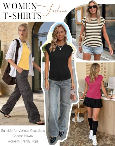 Image of Bliwov Womens Summer Tops Cap Sleeve Crew Neck Casual T Shirts