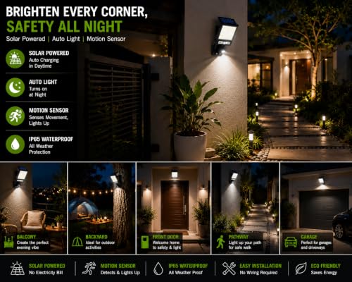 Image of SENTI 180W 10000LM Premium Solar Motion Sensor Wall Light | Outdoor Waterproof LED Light | Auto On /Off | IP65 Wireless Security Light for Garden, Gate, Balcony, Terrace & Pathway