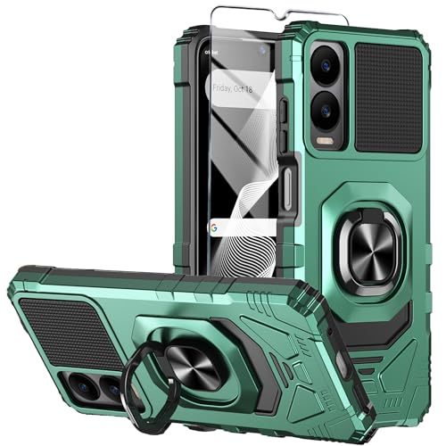 Mocotto for Cricket Debut S3 Phone Case/AT&T Vista 2 Case with Tempered Glass Screen Protector,Military Grade Heavy Duty Shockproof Protective Cover,with Ring Kickstand (Cricket Debut S3, Dark Green)