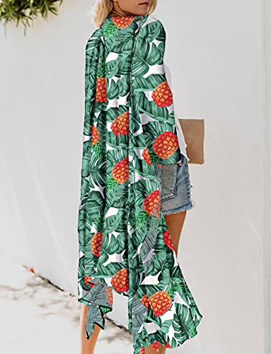 Women's Tropical Leaf Print Boho Beach Long Swimsuit Kimono Cover Ups Summer Chiffon Cardigans Dusters Hawaiian Pineapple Maternity Tops Sheer White Green Medium — view 2