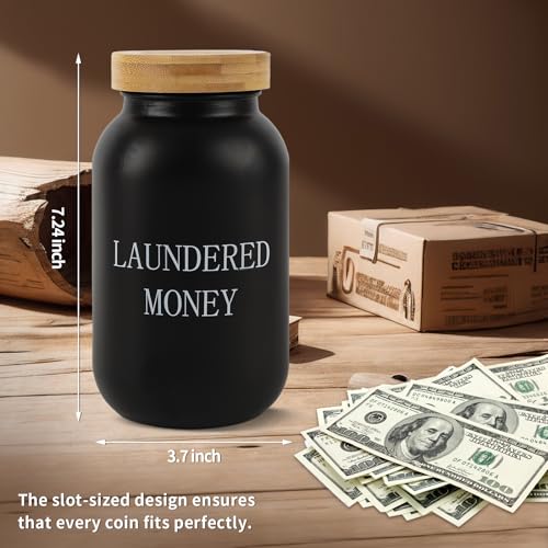 Laundry Room Coin Bank, Funny Laundered Money Tip Jar, Glass Mason With Money Slot and Bamboo Lid, Rustic Piggy Bank for Farmhouse Style Home Decor (Black)
