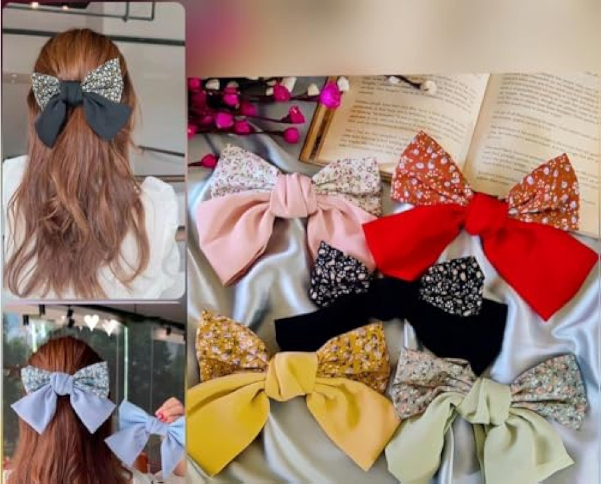 2Pcs Dual Pattern Satin Big Bow Hair Clips for Girls