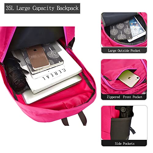 HYCOPROT 35L Packable Backpack Ultra Lightweight Foldable Rucksack Water Resistent Breathable Bag for Men Women Outdoor Camping Walking Hiking Climbing Travel Daypack (Rose red-1) - Image 4
