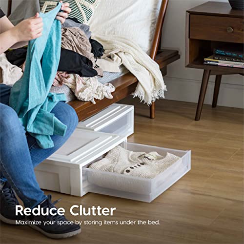 IRIS USA 27 Qt. Plastic Under Bed Storage Stackable Organizer Bin Container with Sliding Organizer Drawers, 4-Pack, Multi-Purpose for Clothes Shoes Clothing Bedding, White