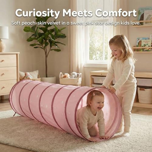 Image of Kids Play Tunnel for Toddlers, Pink Crawl Tunnel with Soft Peach Skin Fabric, 68.9 inch Long Foldable Indoor Play Tunnel for Girls, Playroom Bedroom Activity Toy