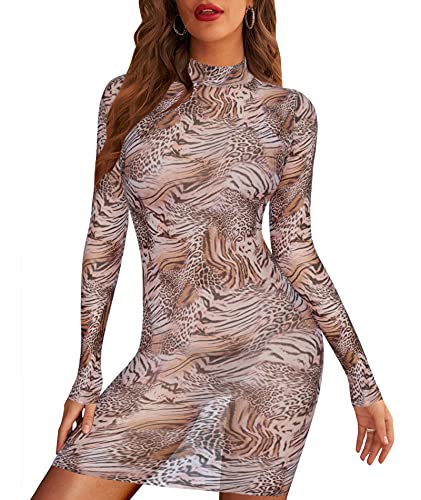 MARZXIN Women s Sexy Mesh See Through Bodycon Dress Long Sleeve Club Party Dresses Leopard Floral XXL