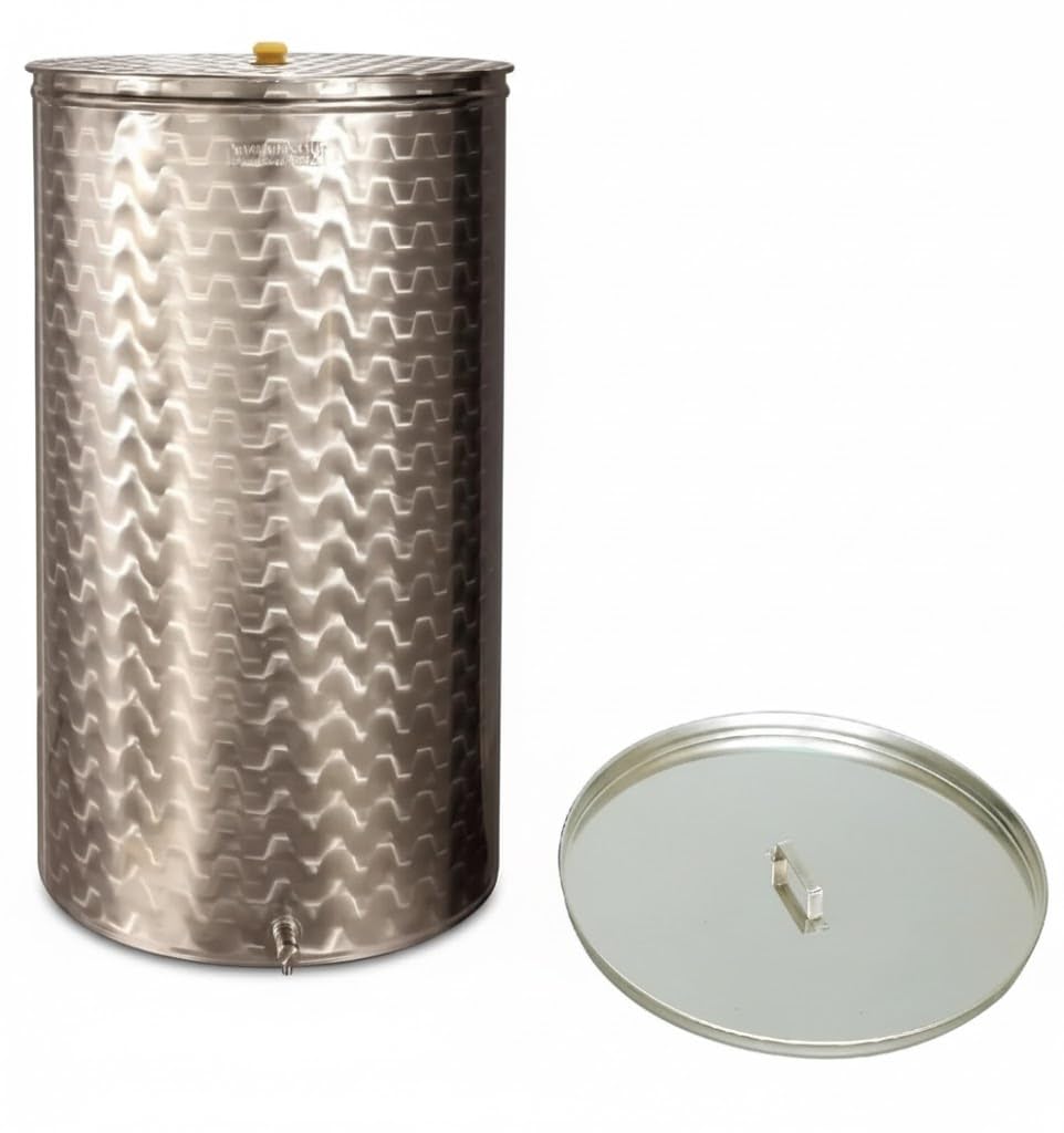 Generico Botte, Contenitore Inox per Vino, con Galleggiante AD Olio ENOLOGICO,da LT 50 COMPRESO di Coperchio PARAPOLVERE Inox,GALEGGIANTE AD Olio,Rubinetto Inox, Made in Italy