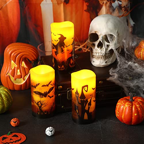 Vocool 3 Pcs Halloween Flameless Candles With Remote, 8 Hour Timer, Halloween Decoration Candles Battery Operated Decals Castle Bat Witch Wax Candles For Halloween Window Fireplace Home Party Decor #TOP5