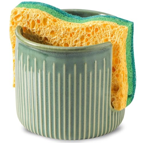 Seyatoo Ceramic Sponge Holder for Kitchen Sink, Scrub Sponge Dish Rack, Farmhouse Compact Sink Caddy Organizer, Glazed Green