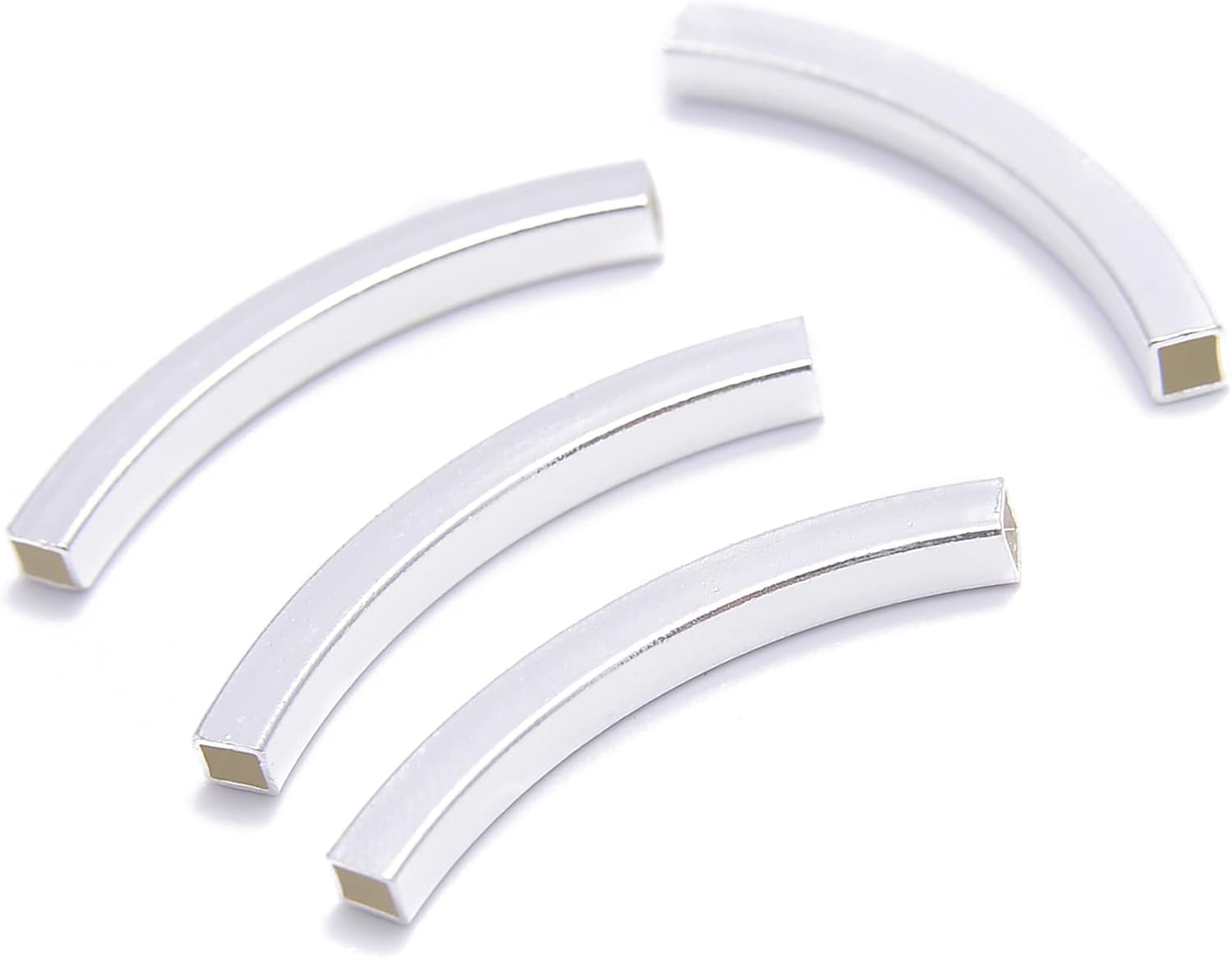 JM Design 925 Sterling Silver Curved Square Hollow Tube Beads Size 3x30mm 4 Pcs Per Bag for Jewelry Making