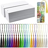 Bercoor 240 PCS White Blank Paper Bookmarks Decorate with 240 Pcs Tassels, Thick Cardstock Bookmark