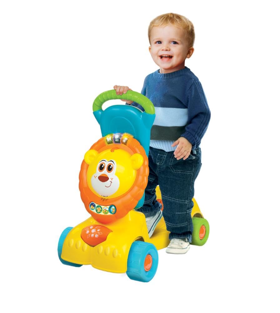 Winfun 3-in-1 Lion Walker packaging showing the product in three modes: push-along walker, sit-and-ride, and scooter.