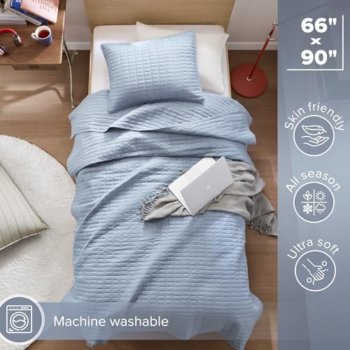Comfort Spaces Kienna Quilt Set- Double Sided Stitching Design Summer Blanket, Lightweight, Soft, All Season Bedding Layer, Matching Sham, Blue, Coverlet Twin/Twin XL(66"x90") 2 Piece - Thumbnail 3