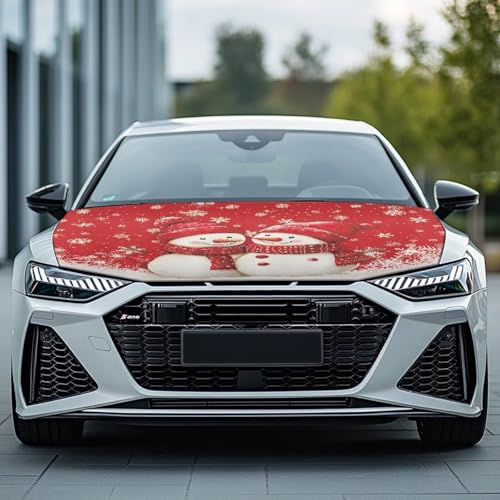 Image of Red Christmas Prints Car Cover - Elastic Polyester, Washable, Easy Installation for Car Hood - Christmas Decorations and Gifts