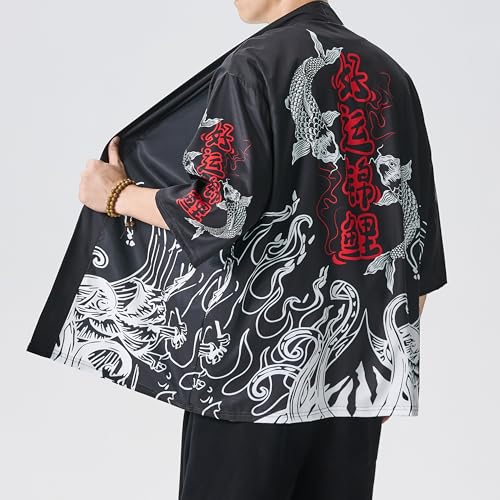 Image of PRIJOUHE Men's Lightweight Kimono Jacket Seven Sleeve Open Front Cardigan Coat Japanese Style Bathrobe
