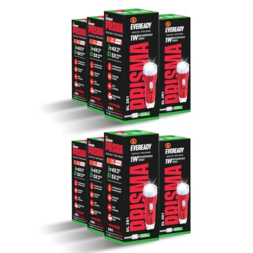 Image of Eveready DL 201 Prisma, 1W Rechargeable Torch, LED, Comes with 0.8W Tail Light, Pack of 8