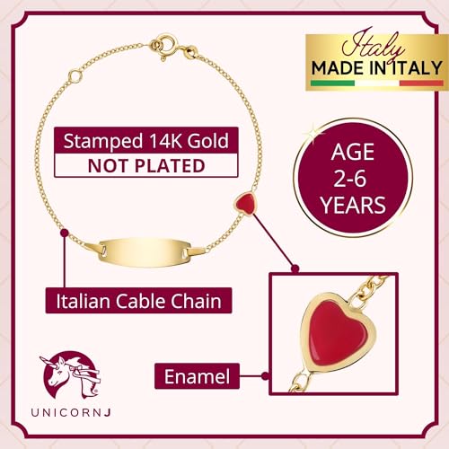 UNICORNJ 14k Gold ID Bracelet Engravable Girls Boys Kids Baby Infant, Personalized Figaro Curb Chain Name Bracelets for Babies Newborn Toddler Child Girl Boy Yellow Gold, Made in Italy3