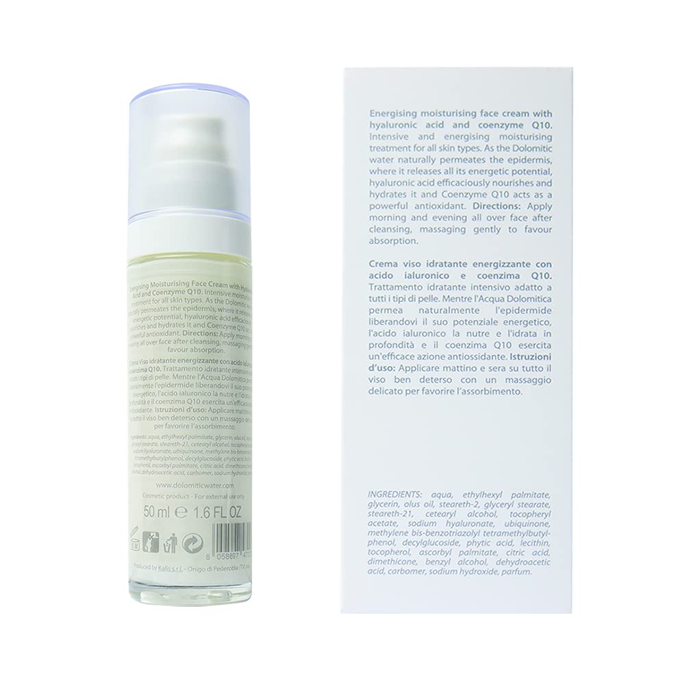 Agua Dolomítica - 50 ml Crema Facial Hidratante Energizante con Ácido Hialurónico y Coenzima Q10