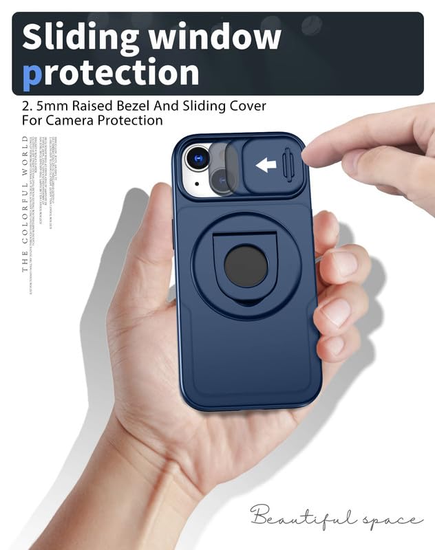 Image of LuxuryKase MagSafe Shockproof Rugged Back Case for iPhone 14 Plus | Finger Ring Kickstand & Sliding Camera Cover | Military Drop Protection | Wireless Charging Support - Blue