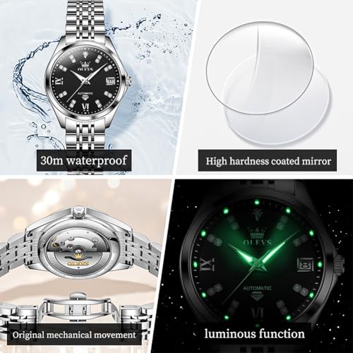 Image of OLEVS Womens Automatic Watch Diamond Luxury Date Ladies Dress Classic Self Winding Wrist Watches