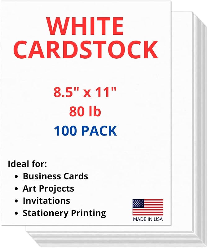 100 Sheets of Heavyweight White Cardstock - Ideal for Business Cards, Art Projects, Invitations, and Stationery Printing | 80 lb Cover Stock | 8.5 x 11 Inches | Thick and Durable Cardstock (216 gsm)