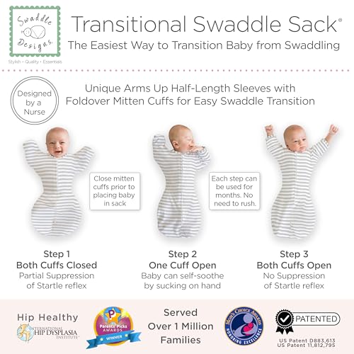 Image of SwaddleDesigns Transitional Swaddle Sack, Arms Up Half-Length Sleeves & Mitten Cuffs, Swaddle for Newborn Transition to Baby Sleep Sack Wearable Blanket, 6-9 Month, 21-24 lb, Heathered Gray Stripes