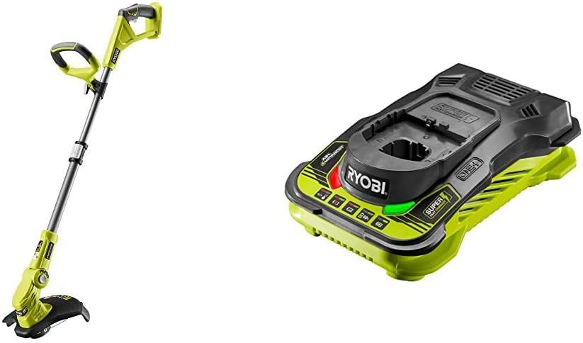 RYOBIOLT1832 18V ONE+ Cordless Grass Trimmer, 25-30cm Path (Zero Tool), 18 V, Hyper Green & RC18150 18V ONE+ Cordless 5.0A Battery Charger