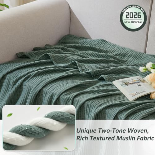 Image of EMME Muslin Cotton Blanket Adults Heather Forest Green Super King 120 inchx94 inch