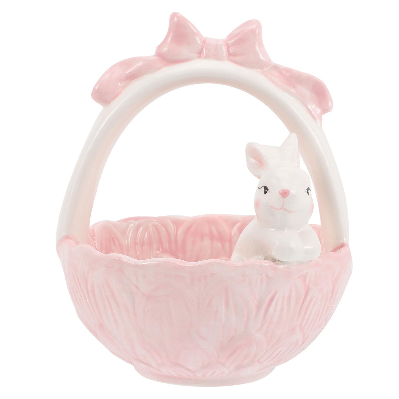 ABOOFAN Decorazione Pasqua in Ceramica Rosa Coniglietto e Cestino per Casa e Scrivania, Ornamento Adorabile e Realistico per Arredamento Primaverile
