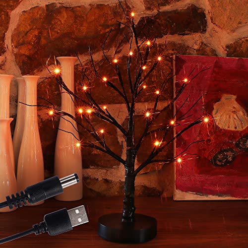 Lighted Black Artificial Spooky Tree, 18 Inch Halloween Tabletop Tree With Orange Lights 24 Led Table Centerpiece With Timer, Usb & Battery Operated For Indoor Office Home Bedroom Desktop Use #TOP21