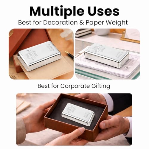 Image of ZAHEPA Realistic Metal Silver Bar Paperweight for Office Table, Fake Silver Biscuit Paper Weight Table Decoration, Prop for Jewellery Shop & Heist Theme, Unique Gift for Home & Office (Pack of 1)
