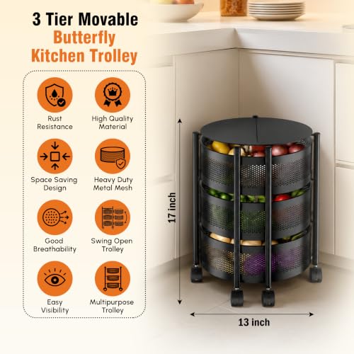Image of JD FRESH 3 Tier Metal Rotating Kitchen Trolley /360-Degree Rotating Wheels with Expandable Side Opening Design /Movable Butterfly Trolley and Storage Shelf for Kitchen, Livingroom or Bathroom (Black)