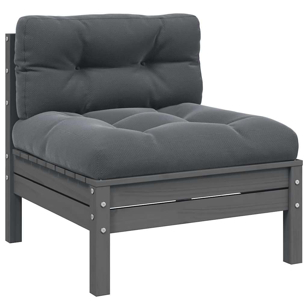 Grey Solid Pine Wood Garden Middle Sofa with Anthracite Fabric Cushions, Modular Outdoor Seating for Patio Balcony Terrace, Weather-Resistant Polyester Furniture for Leisure