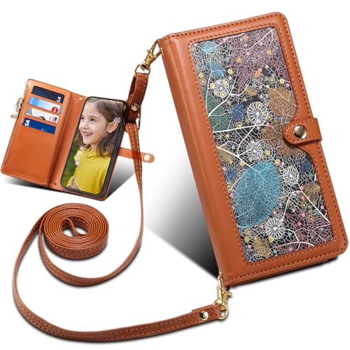 Étui Realme C3 avec poche fermeture éclair - Coque housse motif feuille brun