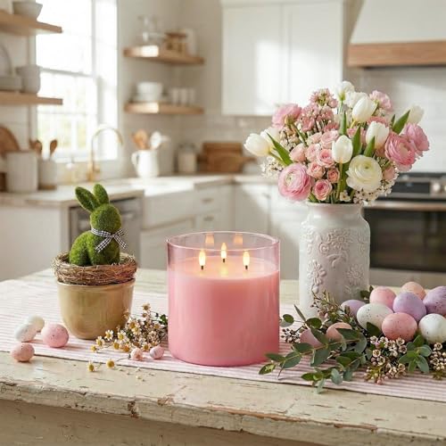 Image of Homemory 6x6 Extra Large Flameless Candle with 3 Wicks, Pink Glass LED Pillar Candle, Real Wax Battery Operated Candle with Remote and Timer, Flickering Flameless Candle Home Wedding Valentine Decor