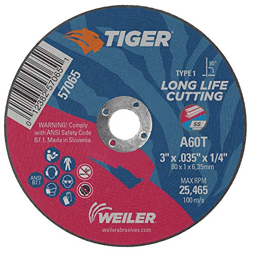 Image of Weiler 57065 3-Inch Cutting Wheel, Tiger AO Steel /Metal Long Life, Performance Cutting, 0.035 inch A60T Type 1 1 /4 inch Arbor (Pack of 100)