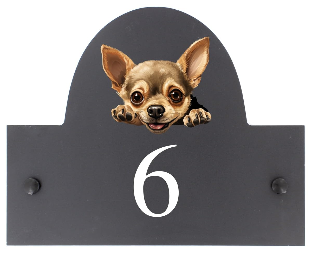 Targa personalizzabile con nome o numero civico in ardesia, motivo chihuahua, 25 x 20 cm
