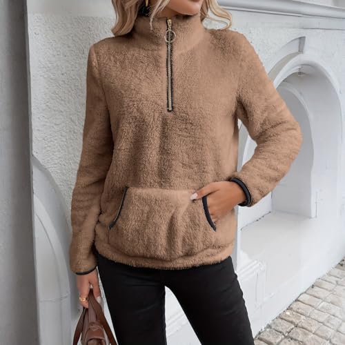 Rikbuig Brown Fleece Pullover Women Half Quarter Zip Oversized Sweatshirt - image 5